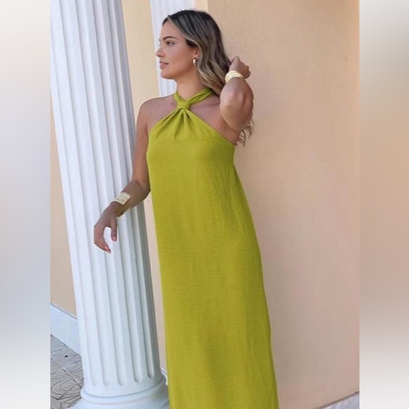 Commense Sold Out!!! 
*NWT Cross Halter Split Long Dress 
Green Chartreuse - Picture 4 of 6